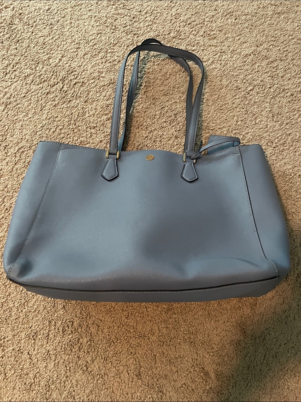 Tory Burch Slate Blue Leather Tote with Gold Logo